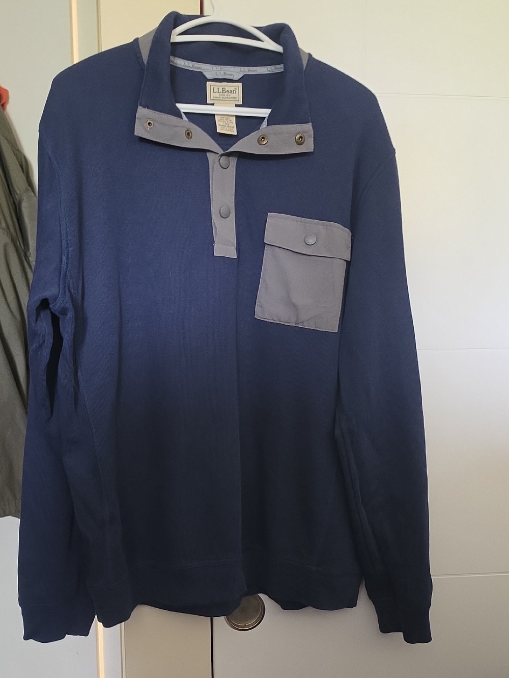 L.L. Bean Navy Pullover with Gray Trim and Pocket